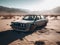 BMW in the desert. The image features a BMW car, covered in dust and dirt, parked in the middle of a vast desert landscape