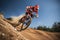 BMX Racer Flying over Dirt Berm with Intense Expression - Action Shot of Extreme Sports Adrenaline on Dirt Track