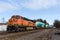 BNSF locomotive hauling freight train of Boeing 737 fuselages
