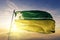 Boa Vista Roraima city of Brazil flag textile cloth fabric waving on the top sunrise mist fog