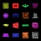 Board game neon icons in set collection for design. Game and entertainment vector symbol stock web illustration.