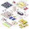 Board game set. Monopoly, jenga, chess, dominoes, jigsaw puzzle, playing cards, spinner, vector isometric illustration.