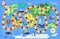 Board game vector cartoon kids boardgame on world map background with playing path or way starting in ocean and