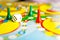 Board games for the home. Yellow, green and red plastic chips an