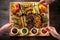 A board with grilled appetizers and sauces hands reaching out