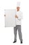 Board mockup and chef man isolated on a white background of empty menu and happy career services. Professional culinary