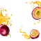 Board of passion fruits and splash juice watercolor illustration isolated on white background.