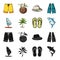 Board with a sail, a palm tree on the shore, slippers, a white shark. Surfing set collection icons in black,cartoon