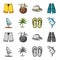 Board with a sail, a palm tree on the shore, slippers, a white shark. Surfing set collection icons in cartoon,monochrome