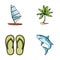 Board with a sail, a palm tree on the shore, slippers, a white shark. Surfing set collection icons in cartoon style