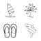 Board with a sail, a palm tree on the shore, slippers, a white shark. Surfing set collection icons in outline style