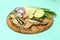 Board with sandwiches with sprats on mint background