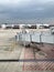 Boarding Bridge on the tarmac of an airport. Jet aircraft docked at the gate.