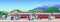 Boarding Train at the Railway Station with hills on background Flat Vector Illustration. People get on train from platform