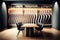 Boardroom interior with wave pattern wall, wooden floor, long table with chairs. Generative AI