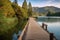 boardwalk along lake, with view of tranquil waters and majestic scenery