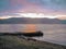 Boardwalk in the lake during the rain at sunset, Lake Baikal