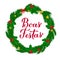 Boas Festas calligraphy hand lettering with wreath of fir tree branches. Happy Holidays in Portuguese. Christmas and