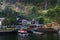 Boat anchored at the harbor of Flam at Narrow Fjord Vestland county, Norway
