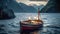 Boat anchored in the middle of the mountains with literature and lamps Generative AI Illustration