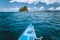 Boat approaching exotic island on tour trip in famous archipelago Bacuit El Nido, attractions tourist locations Palawan in the