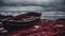 boat on the beach A scary beach with a sinking boat and a blood red vines at a sea of blood, with storms, rocks,