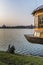 Boat bow over the lake in the dusk in Bucarest Romania