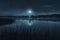 A boat calmly floats on the surface of a lake, illuminated by the brilliant light of a full moon, A ghostly figure floating above