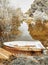 Boat in canal landscape. infrared nature landscape