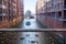 boat on a canal in the Speicherstadt warehouse district in Hamburg Germany