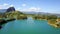 Boat crosses the lake of the Penol Colombia