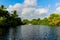 Boat crossing the lagoon of a mangrove.