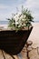 Boat decorated with flowers. Wedding day bouquet.