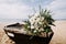 Boat decorated with flowers. Wedding day bouquet.