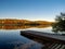 A boat dock in the foreground at Keystone Lake in West Moreland Country, nestled in the Laurel Highlands of Pennsylvania in the