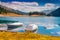 Boat dock on the lake Champfer lake in Swiss Alps.