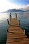 Boat dock on lake with volcano- Lake Atitlan, Guat