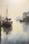 Boat Docked in Harbor with Foggy Sky and Misty Alleyways