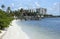 Boat docks and condos on Fort Myers Beach, Florida, USA.