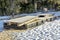 Boat Docks stored on the shore for winter