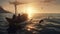 boat, dolphin jumps out of the water, view from the sea, beautiful sunrise, underwater world, clear water, AI generation