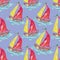 boat drawing illustration for a book or coloring book on the blue sea with red and yellow