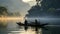 Boat in early morning sunshine at lake. Asian fisherman Thailand, Vietnam