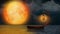 Boat fantasy in ocean, beautiful orange moon, night fantasy, night stars, loop animation background.