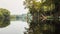 Boat in the fog of the Amazon rainforest