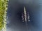 Boat four rowing, Aerial drone top view, Corrib river, Galway city, Ireland. Concept outdoor activity, sport, adventure