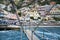 Boat gangway on background of coastline of Positano town in Italy