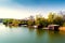 Boat garages and pontoons along side the shore of  Snagov Lake, Romania