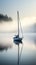 boat gently gliding across a misty lake during the serene moments of sunrise.