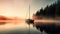 boat gently gliding across a misty lake during the serene moments of sunrise.